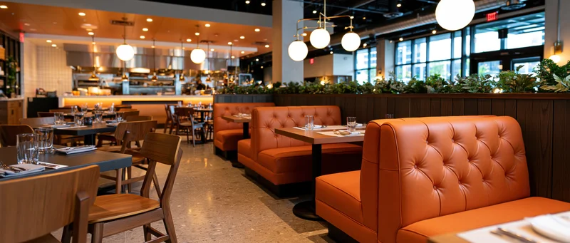 Modern upscale restaurant dining room with orange tufted leather booths and wooden tables, empty interior view showing open kitchen and pendant lighting