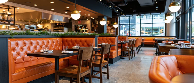 Empty modern upscale restaurant dining room with orange leather booths and wooden tables near large windows