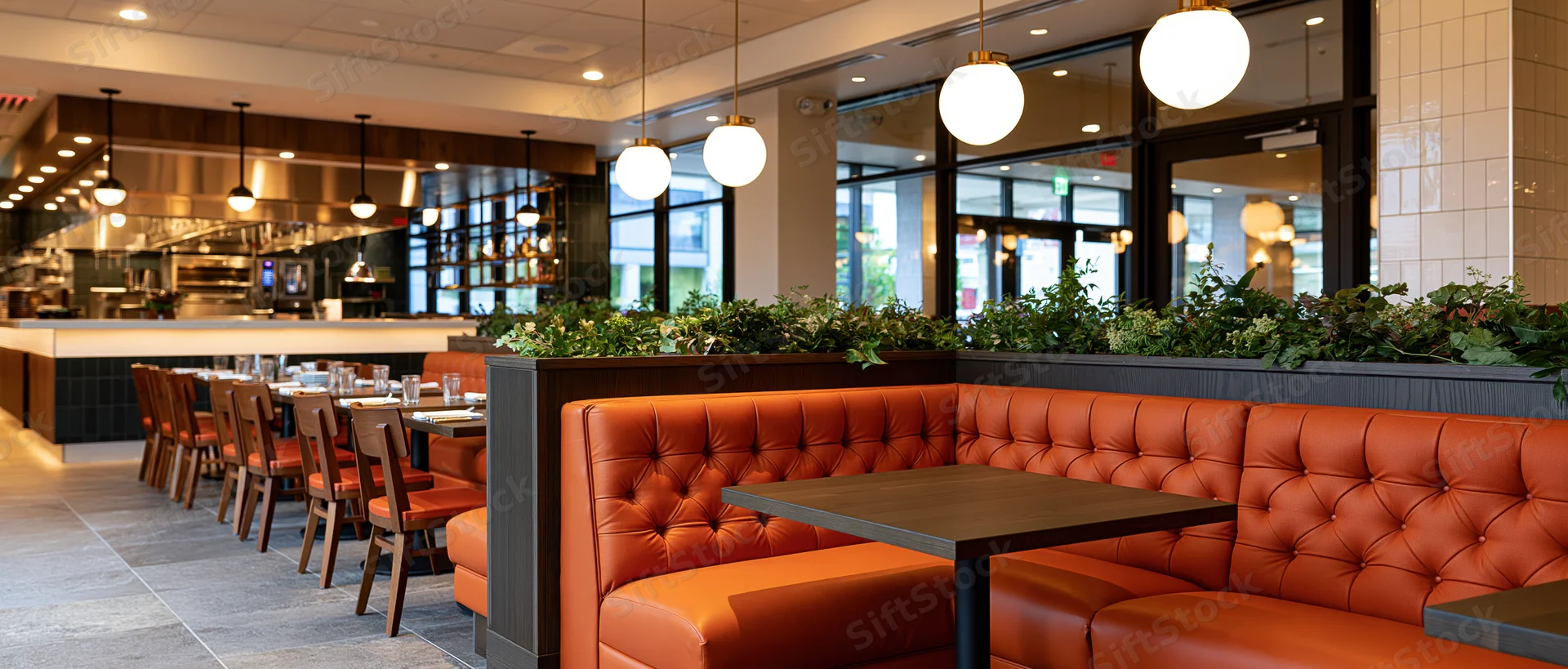 Empty modern upscale restaurant dining room with orange tufted booths and pendant lights