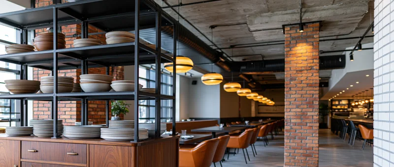 Empty industrial-style restaurant dining room with exposed brick and metal shelving displaying dishes