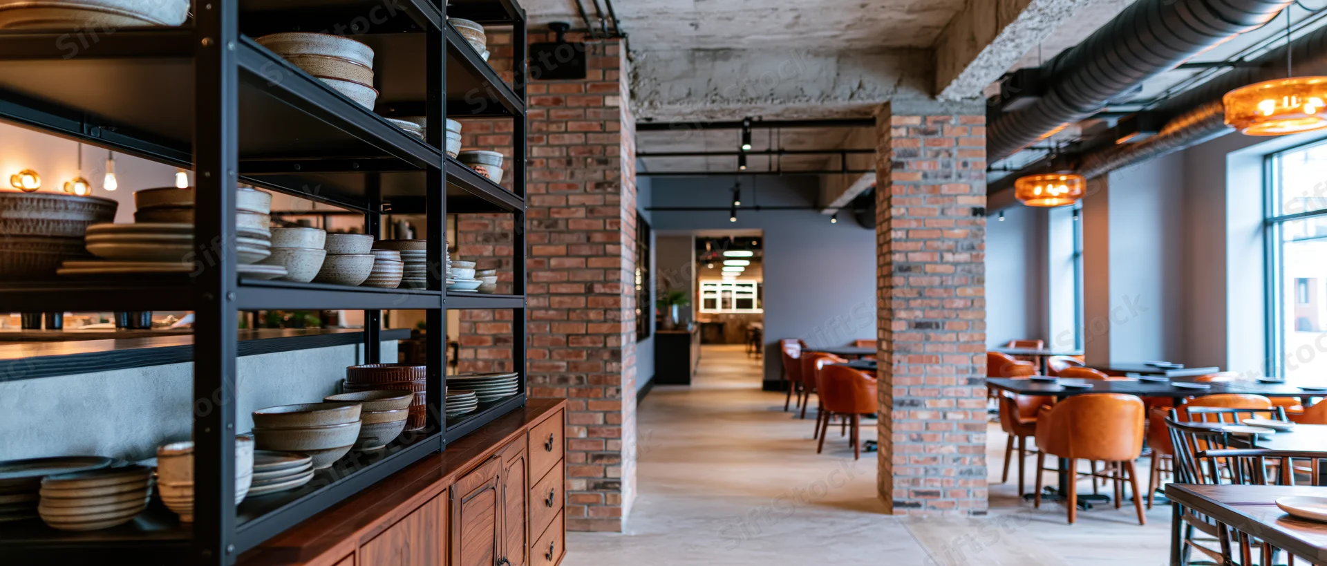 Empty industrial-style restaurant dining room with exposed brick columns and shelved ceramics