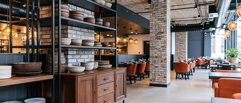 Empty industrial-style restaurant dining room with exposed brick and metal shelving displaying stacked ceramic dishes and orange chairs arranged along tables