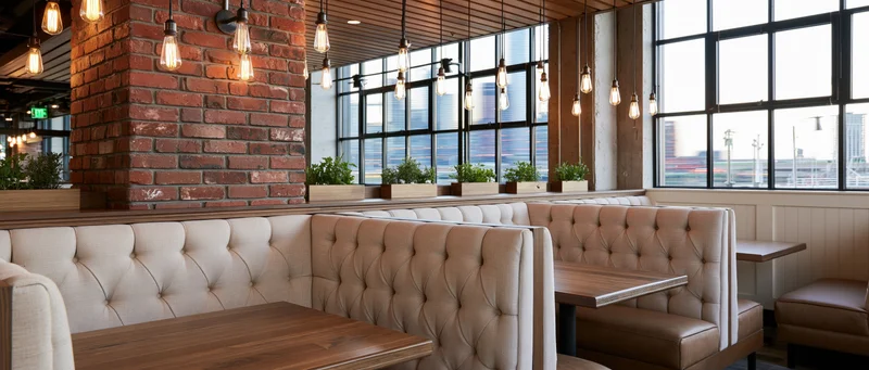 Empty tufted booths with wooden tables and brick walls in a modern upscale restaurant dining area by large windows with city view