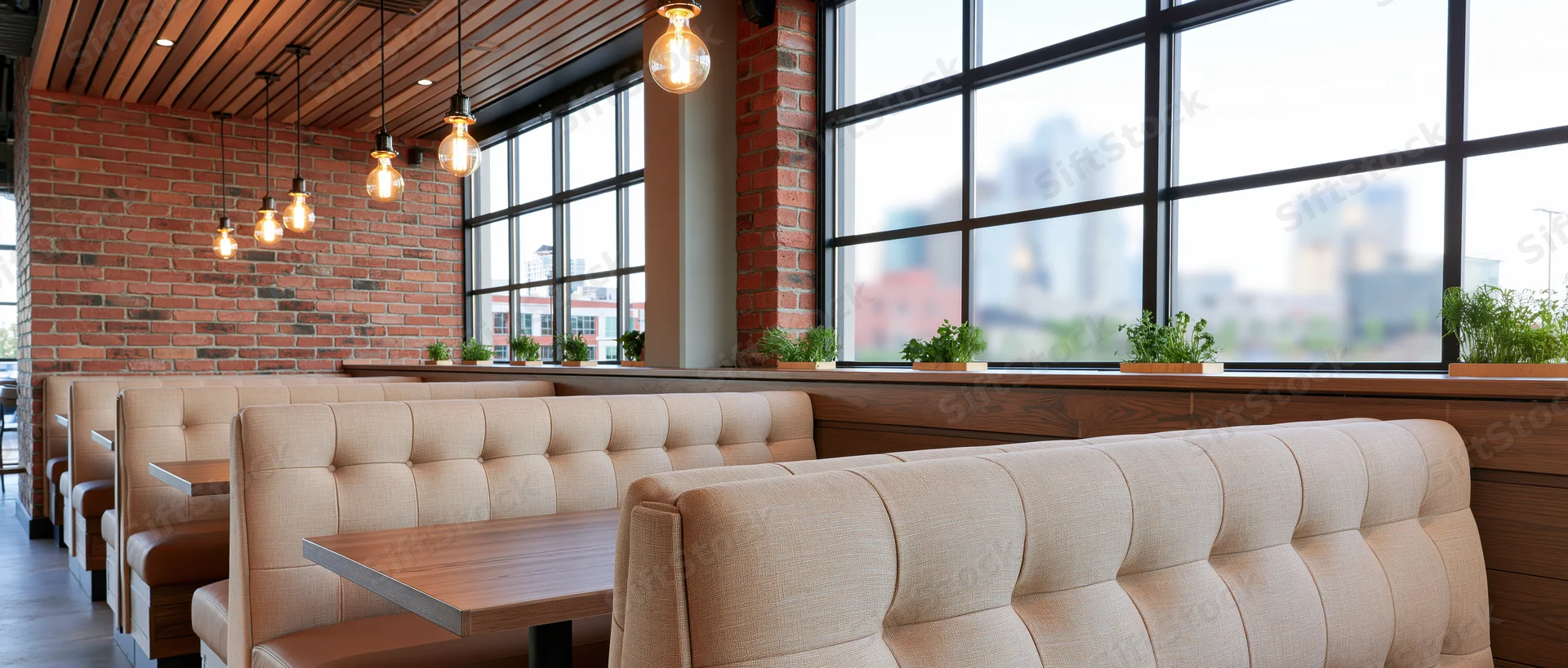 Empty booths and tables in a modern restaurant interior with brick walls and large windows overlooking the city