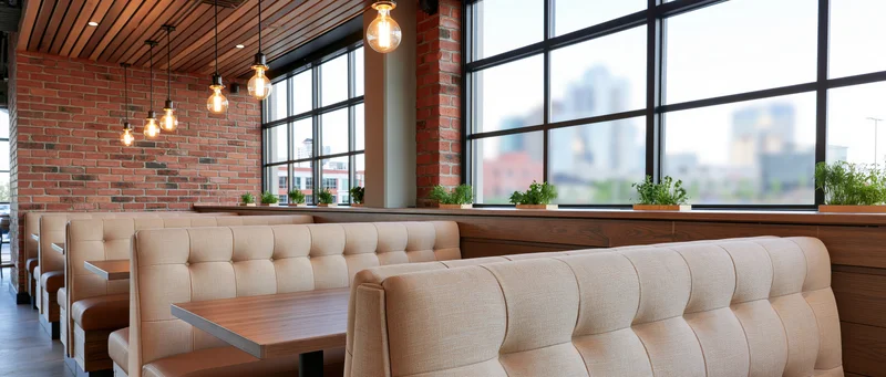 Empty booths and tables in a modern restaurant interior with brick walls and large windows overlooking the city