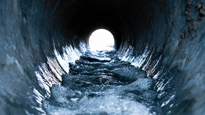 View through a dark circular metal pipe toward a bright opening at the end