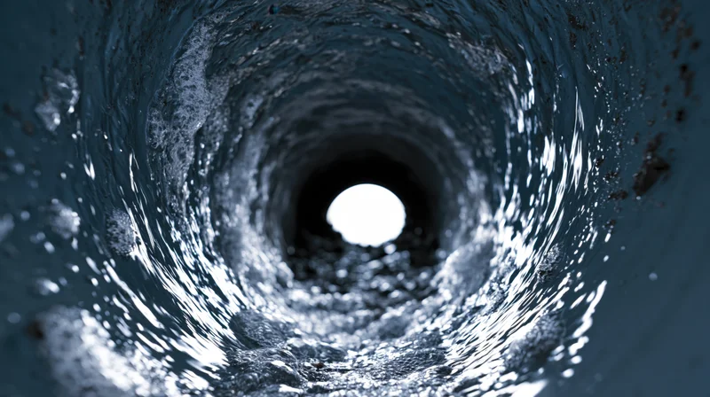 View through a circular metal pipe with swirling water and light at the end