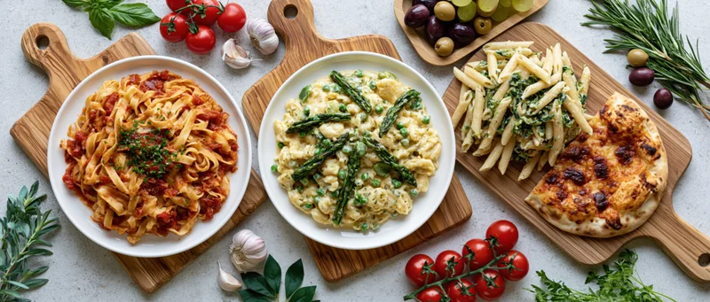 Three pasta dishes with vegetables and herbs arranged on wooden cutting boards on a light grey surface
