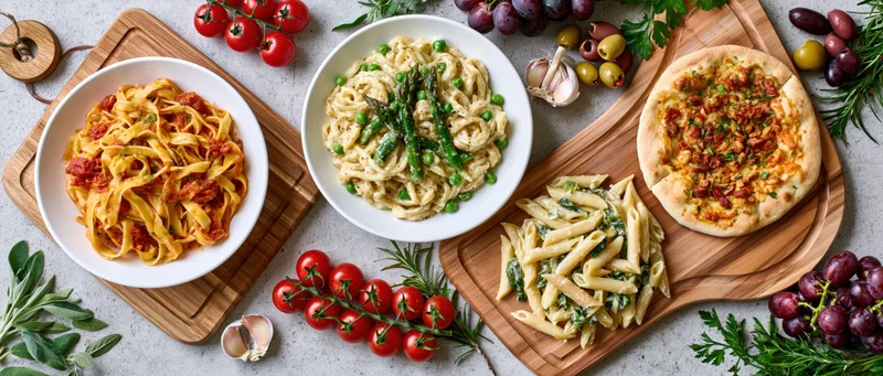 Italian food spread with pasta dishes, pizza, vegetables and herbs arranged on wooden boards and concrete surface