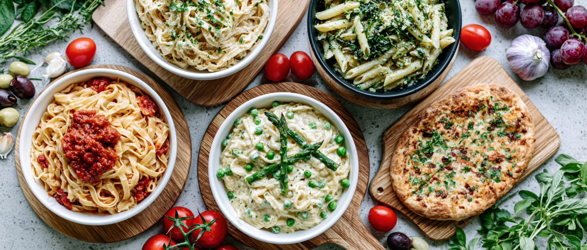 Italian pasta dishes and focaccia arranged on wooden boards and bowls on a grey concrete surface