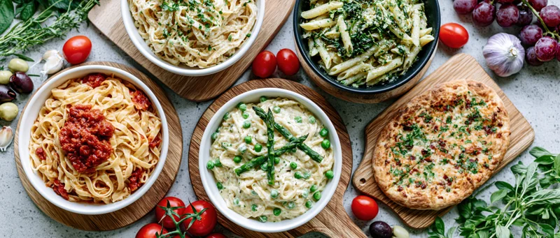 Italian pasta dishes and focaccia arranged on wooden boards and bowls on a grey concrete surface