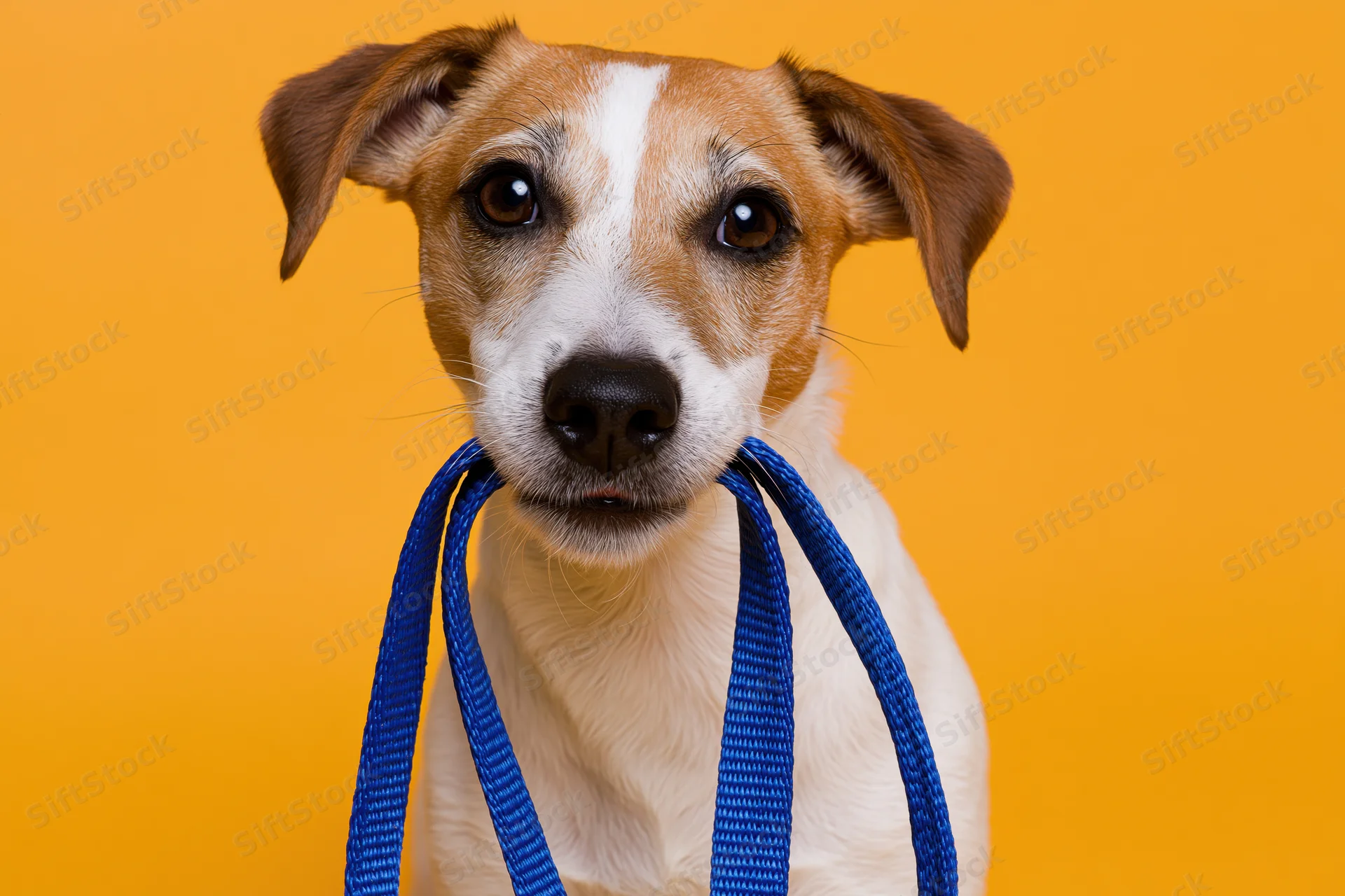 Jack russell terrier holding blue nylon leash in mouth against orange background