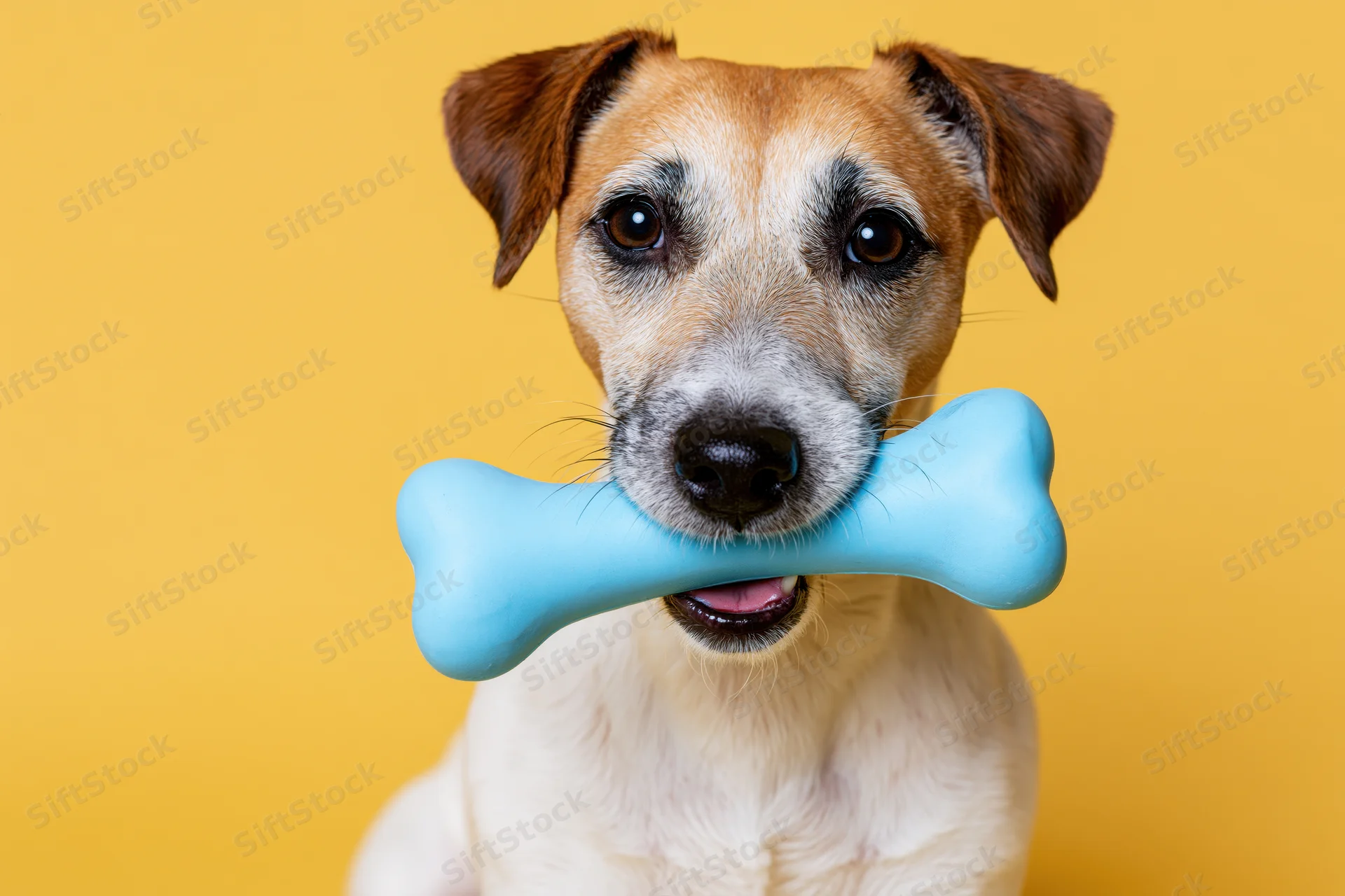 Jack russell terrier holding a blue rubber bone toy against yellow background