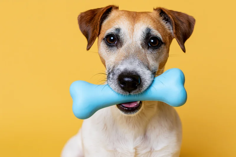 Jack russell terrier holding a blue rubber bone toy against yellow background