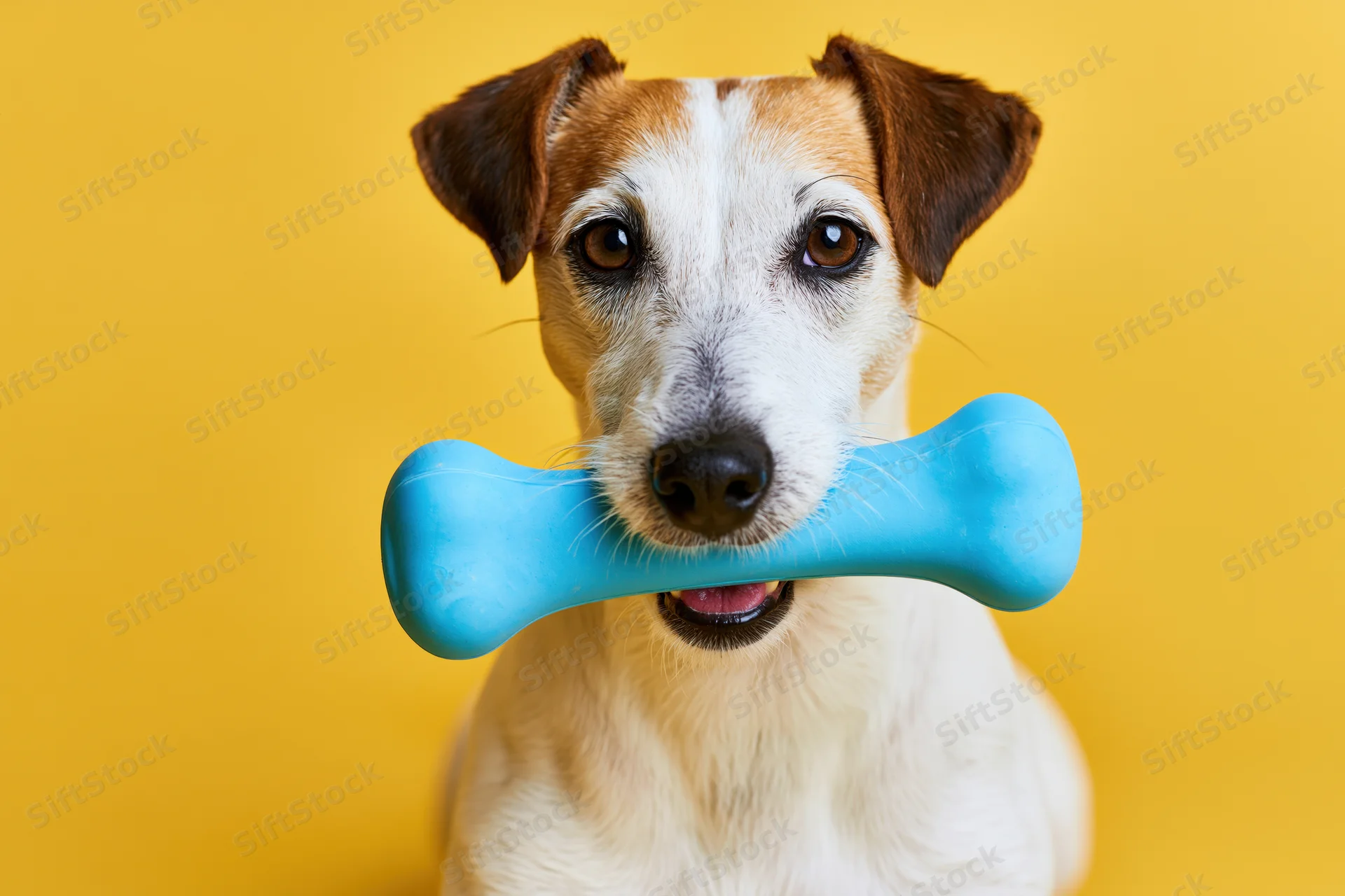 Jack russell terrier holding blue rubber bone toy against yellow background