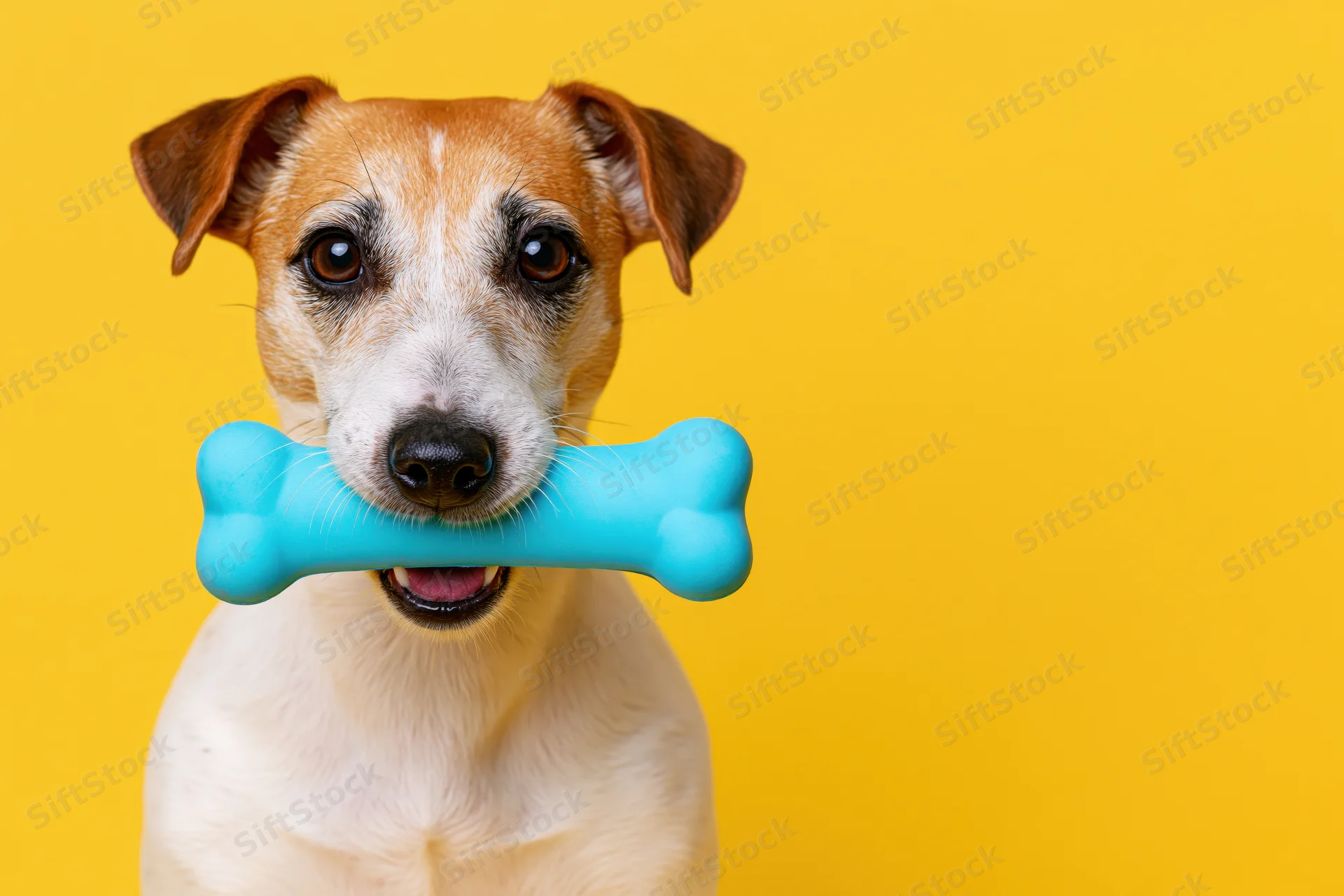 Jack russell terrier holding a blue rubber bone toy against yellow background