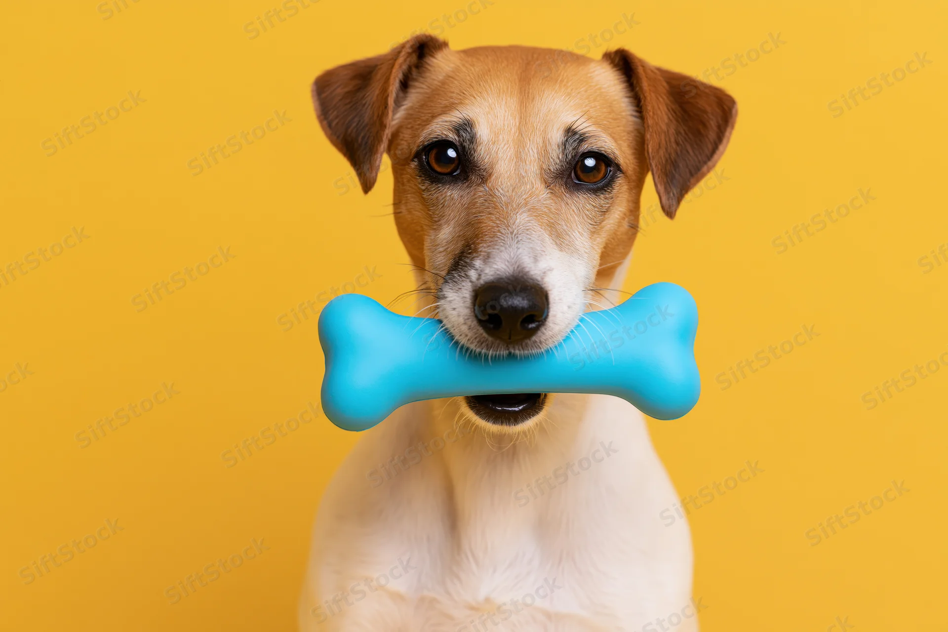 Jack russell terrier holding blue rubber bone toy against yellow background