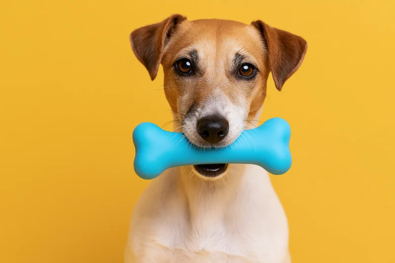 Jack russell terrier holding blue rubber bone toy against yellow background