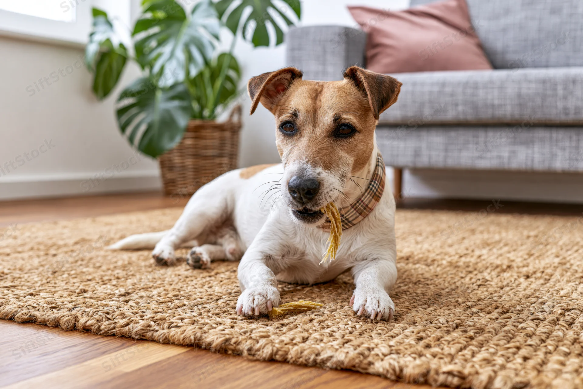 Jack russell terrier lying on woven jute rug chewing a yellow treat in living room