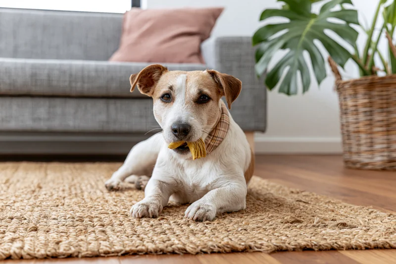 Jack russell terrier lying on woven jute rug chewing a yellow toy in living room