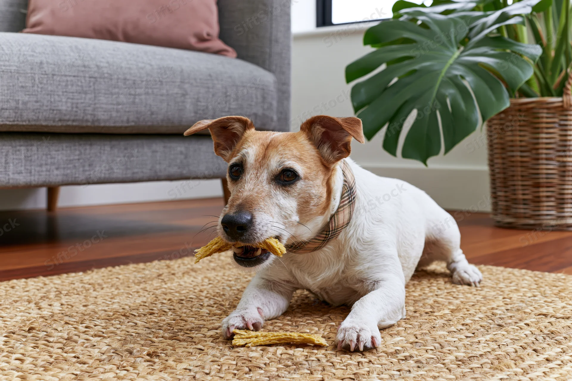 Jack russell terrier chewing a treat on a woven jute rug in a living room