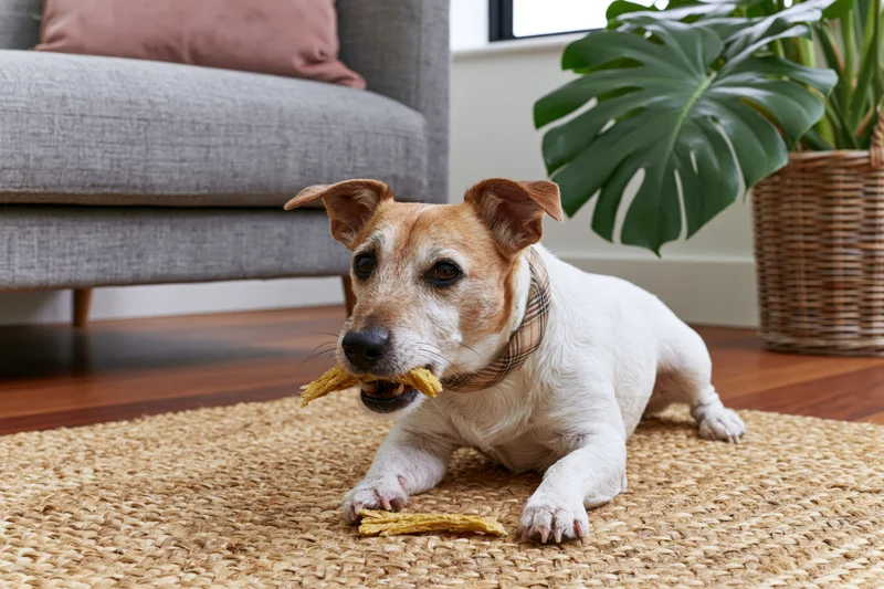 Jack russell terrier chewing a treat on a woven jute rug in a living room