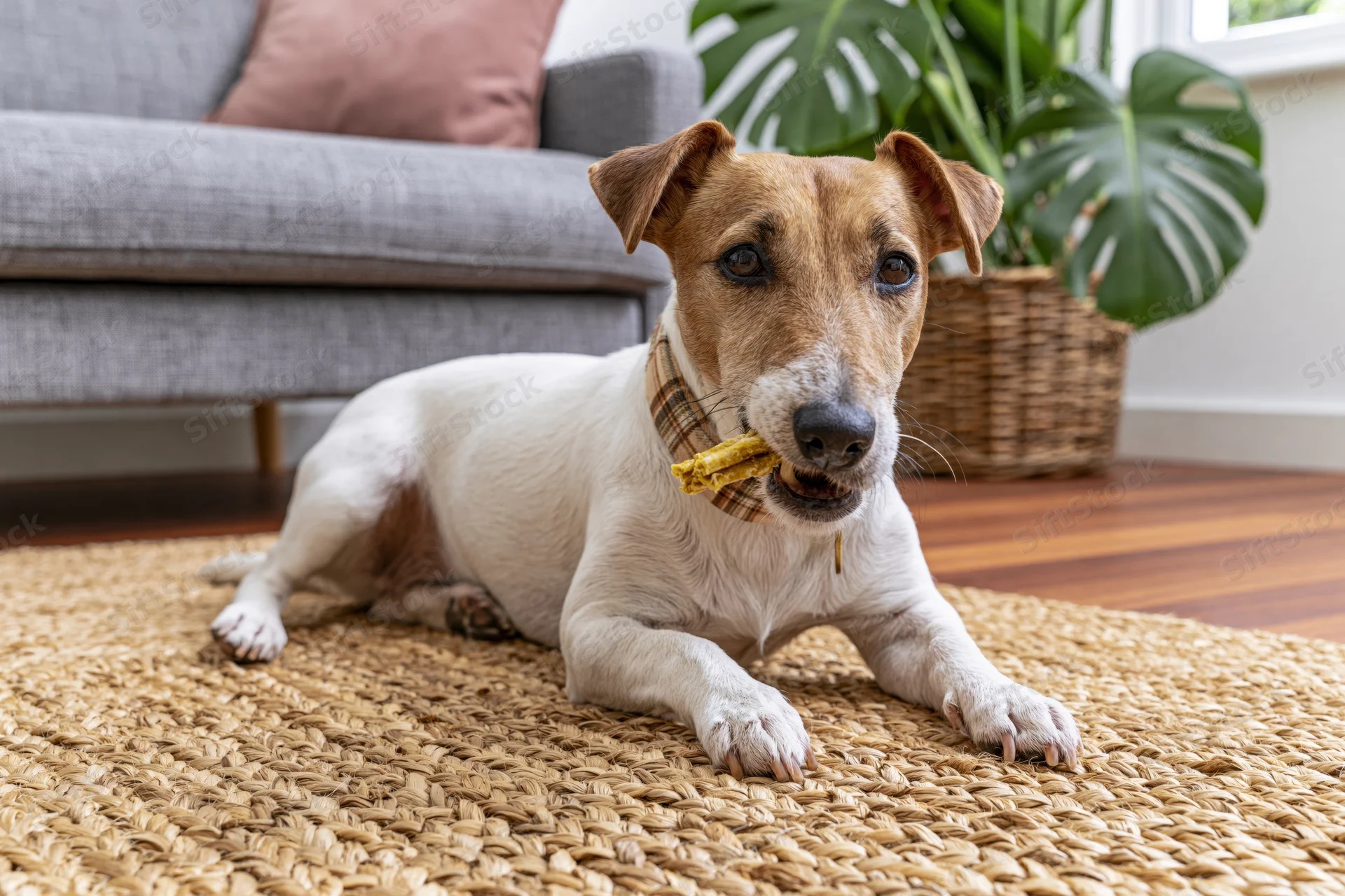 Jack russell terrier lying on woven jute rug chewing a treat in living room