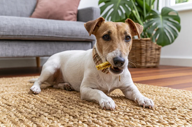 Jack russell terrier lying on woven jute rug chewing a treat in living room