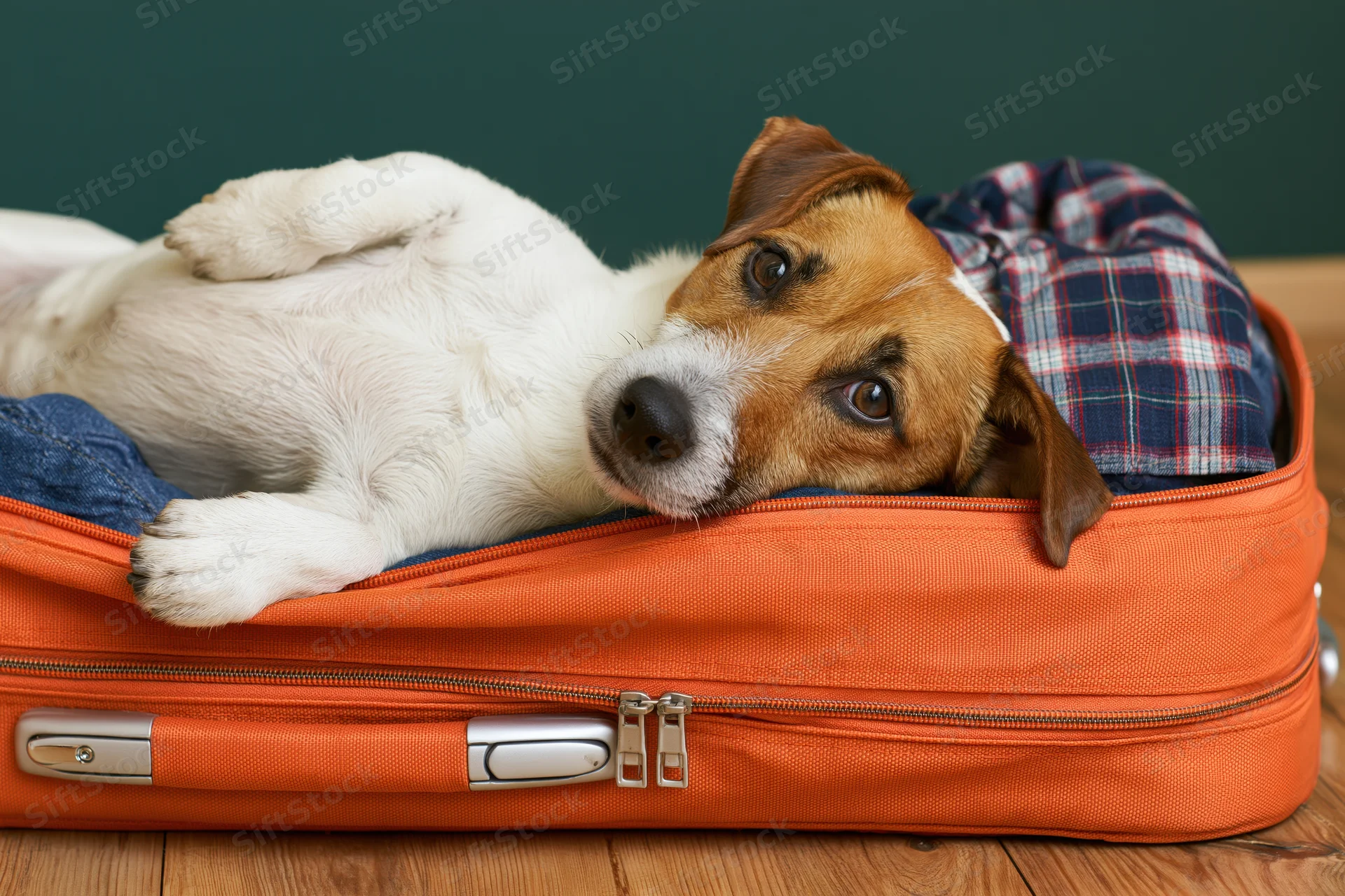 Jack russell terrier lying on its back inside an open orange suitcase on a wooden floor