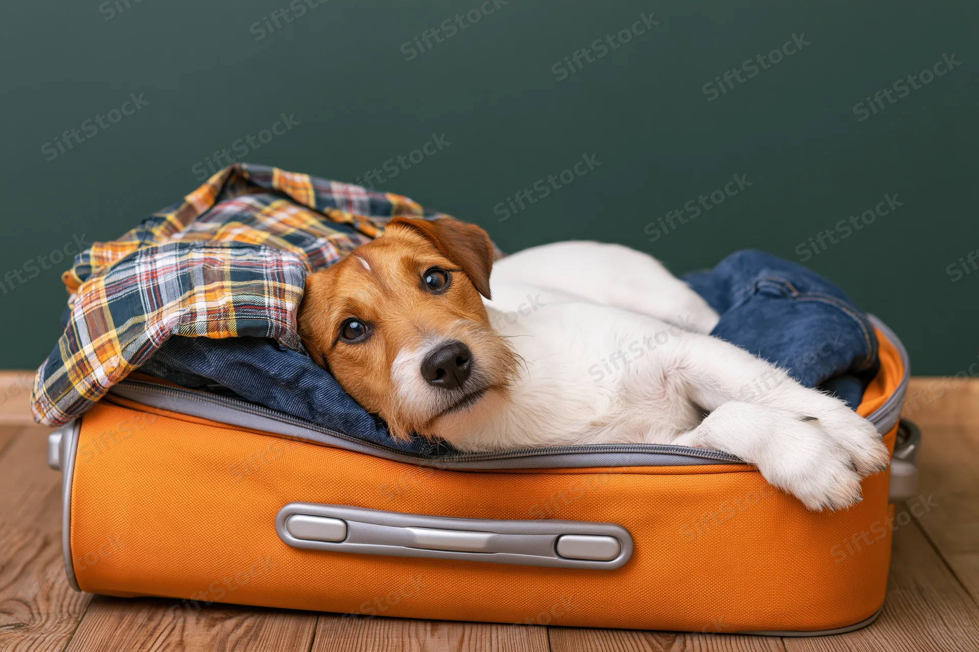 Jack russell terrier lying on its back inside open orange suitcase with clothes on wooden floor