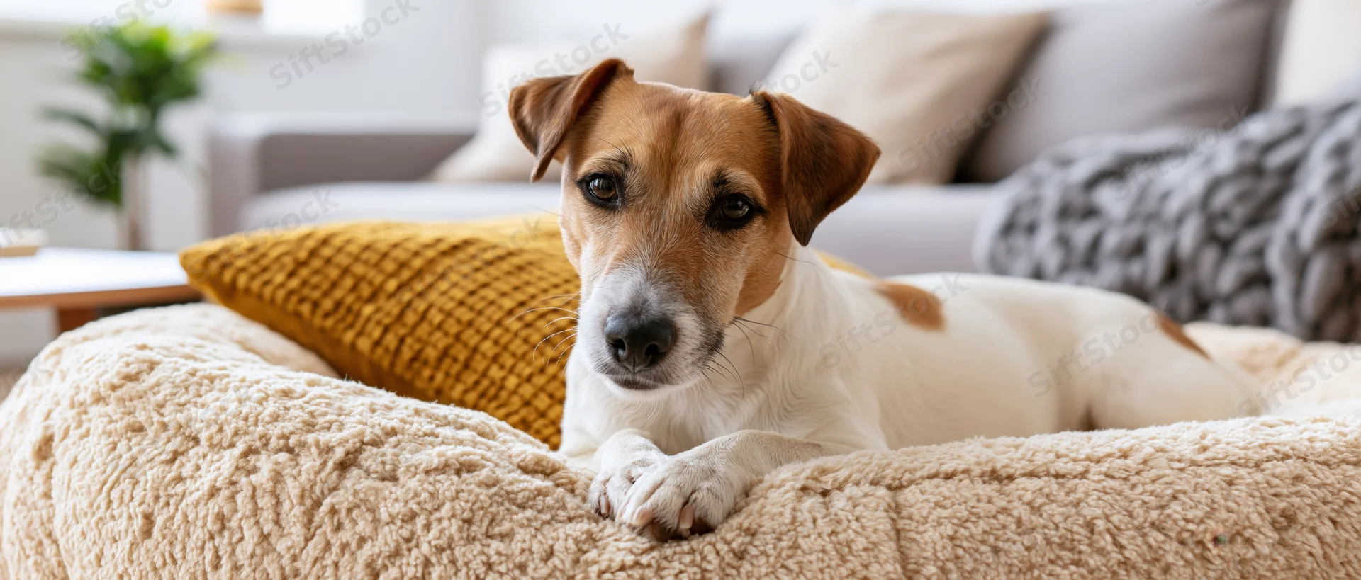 Jack russell terrier lying relaxed in a cozy dog bed in a living room