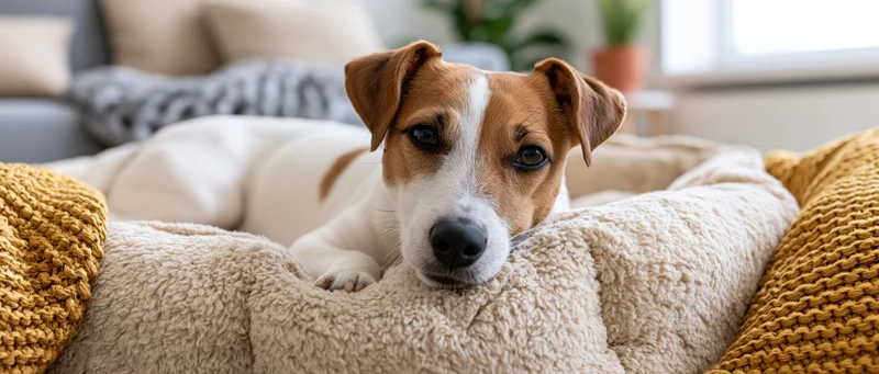 Jack russell terrier lying relaxed in a cozy dog bed with knitted blankets and pillows in a living room