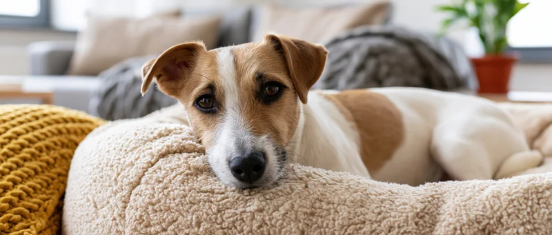 Jack russell terrier lying relaxed in a cozy dog bed in a living room