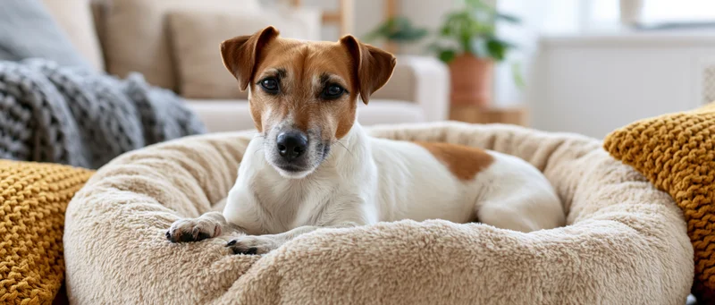 Jack russell terrier lying relaxed in a cozy dog bed on a couch