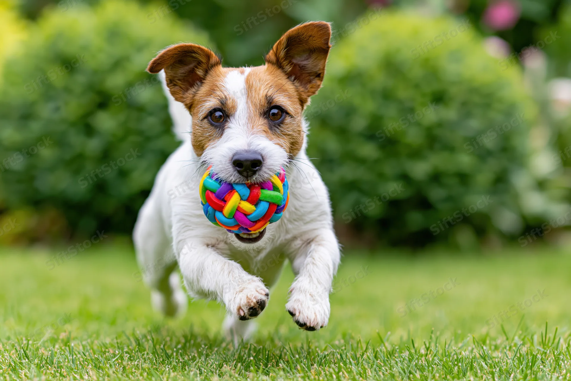 Jack russell terrier running across a grassy lawn with a colorful knotted rope toy in its mouth