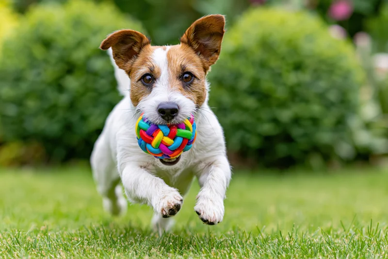 Jack russell terrier running across a grassy lawn with a colorful knotted rope toy in its mouth