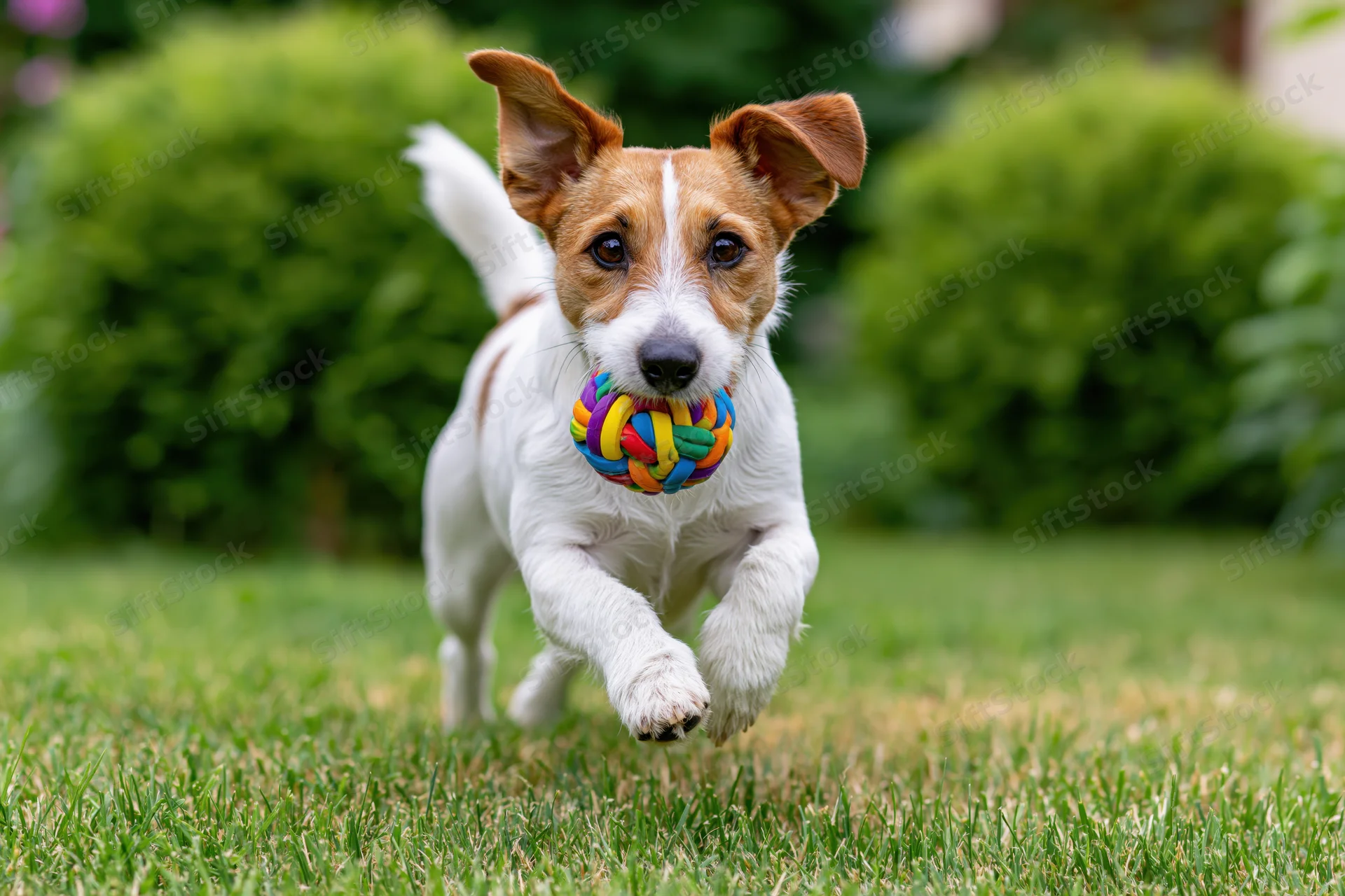 Jack russell terrier running across a grassy backyard with a colorful ball in its mouth