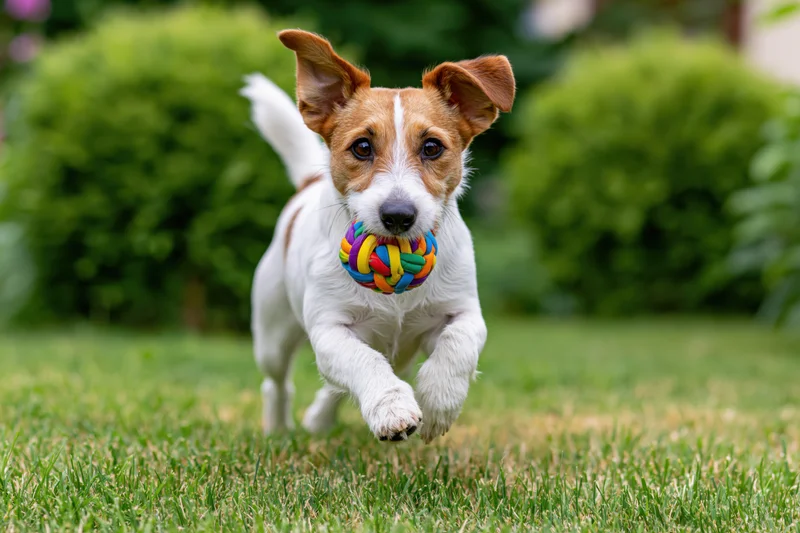 Jack russell terrier running across a grassy backyard with a colorful ball in its mouth