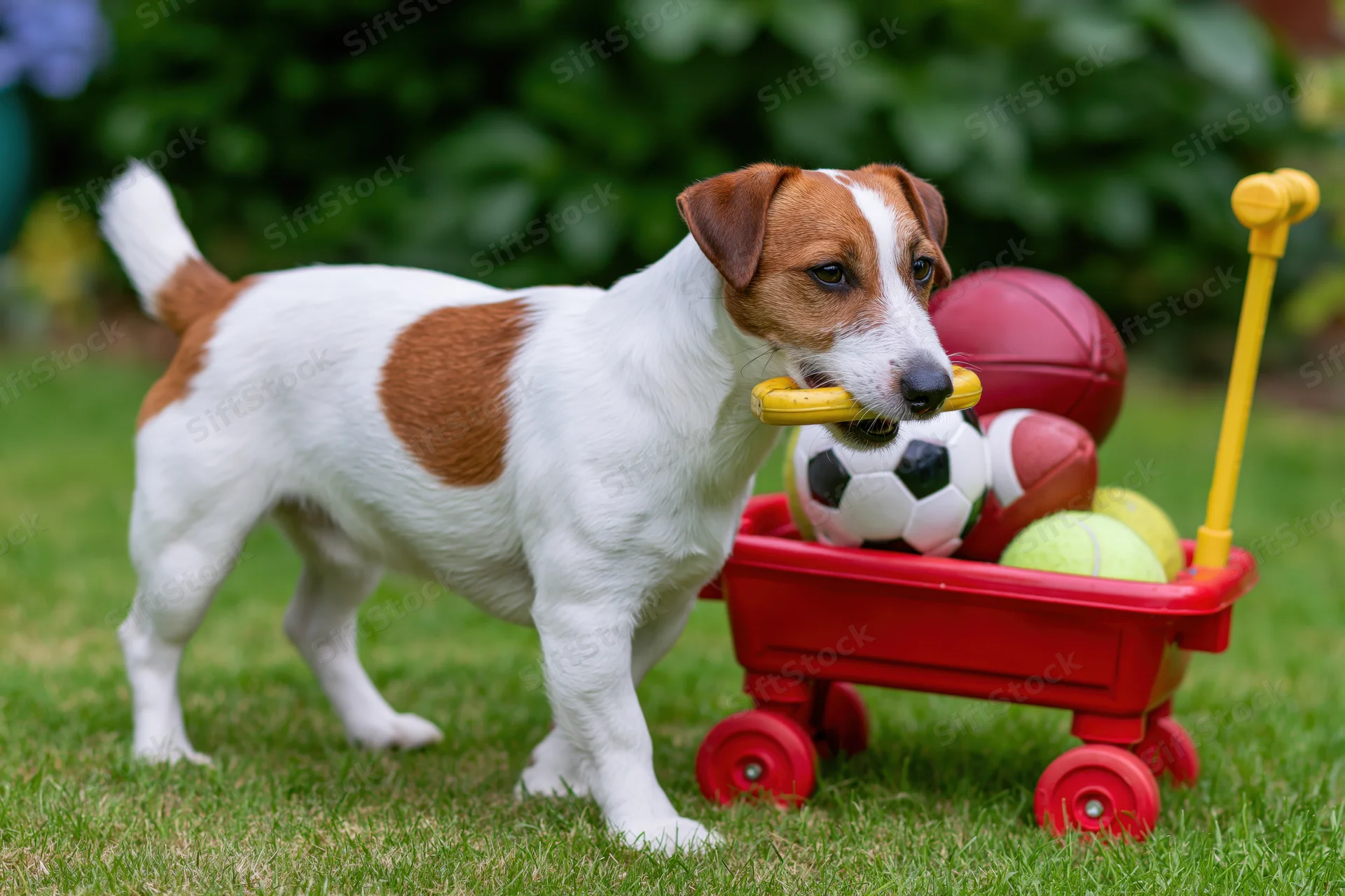 Jack russell terrier puppy pulling red toy wagon filled with sports balls on grassy lawn
