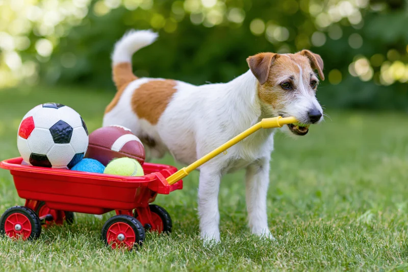 Jack russell terrier pulling a red toy wagon filled with sports balls on a grassy lawn
