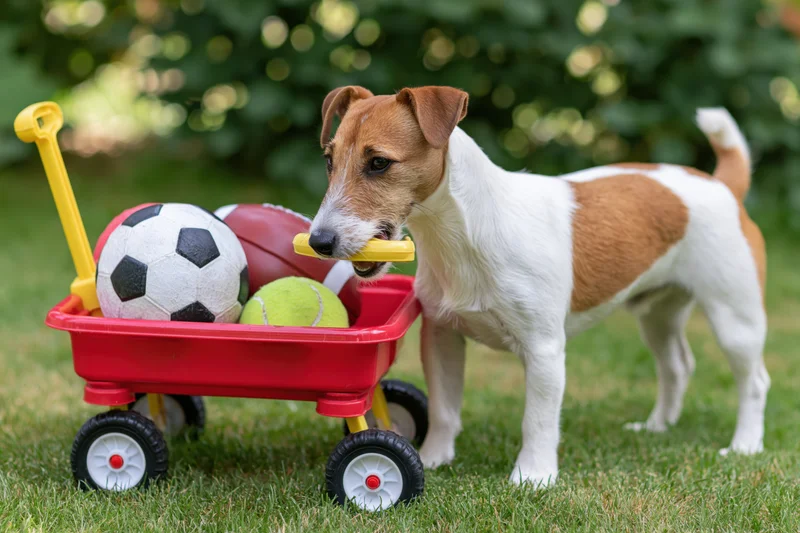 Jack russell terrier pulling a red toy wagon filled with sports balls on grass