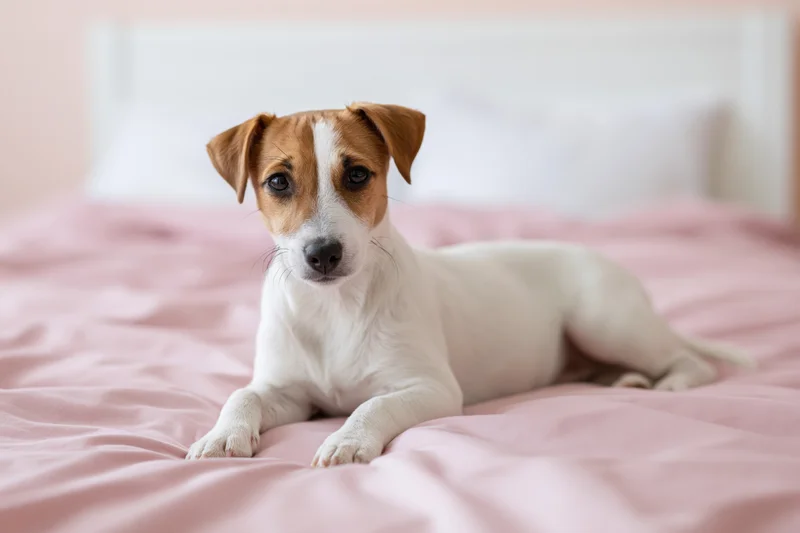 Jack russell terrier puppy lying on pink bed with front paws extended
