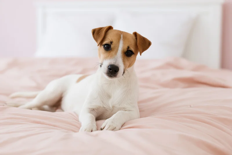 Jack russell terrier puppy lying on a pink bed with front paws extended in a bedroom