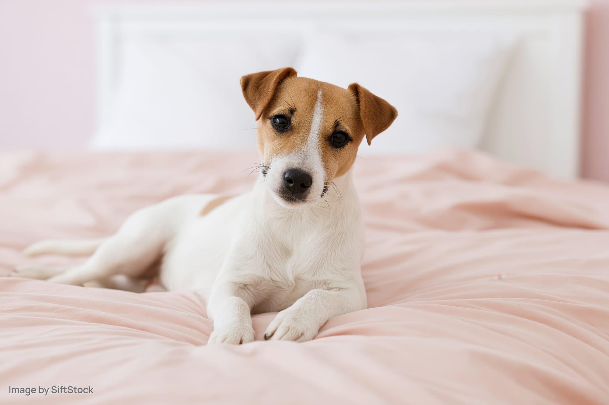 Jack russell terrier puppy lying on a pink bed with front paws extended in a bedroom