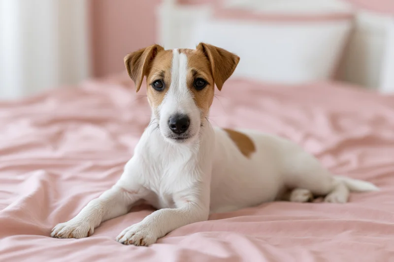 Jack russell terrier puppy lying on a pink bed with front paws stretched forward