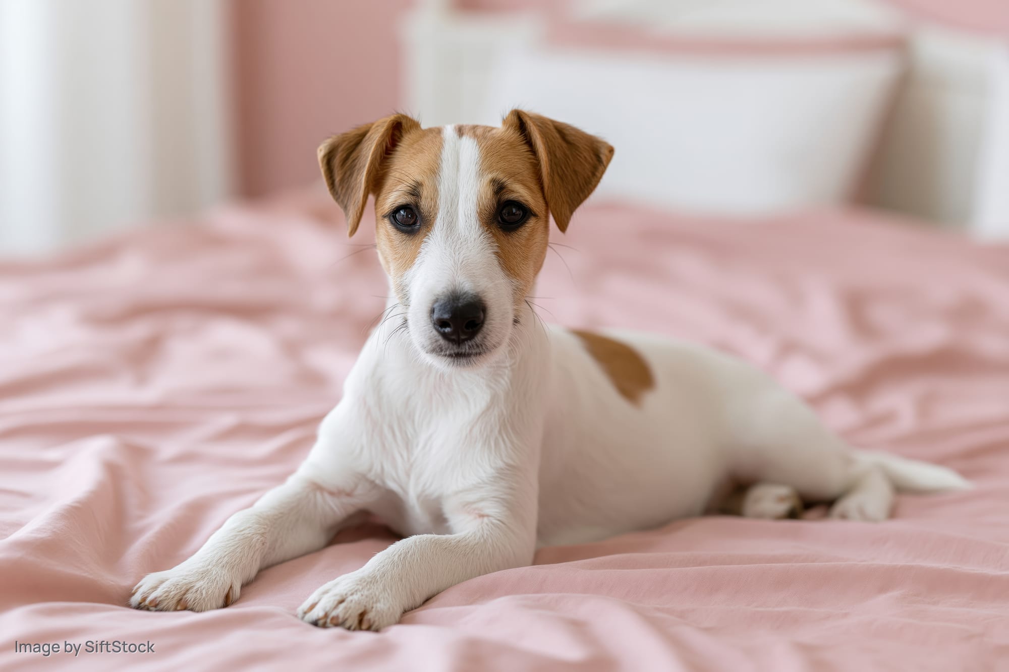 Jack russell terrier puppy lying on a pink bed with front paws stretched forward