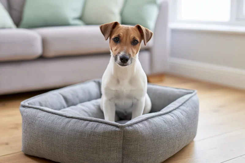 Jack russell terrier puppy sitting upright in a grey fabric dog bed in a living room