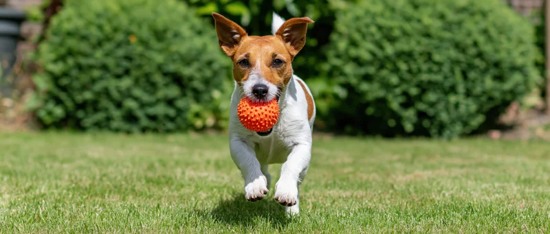 Jack russell terrier running with orange ball in mouth across green lawn toward camera