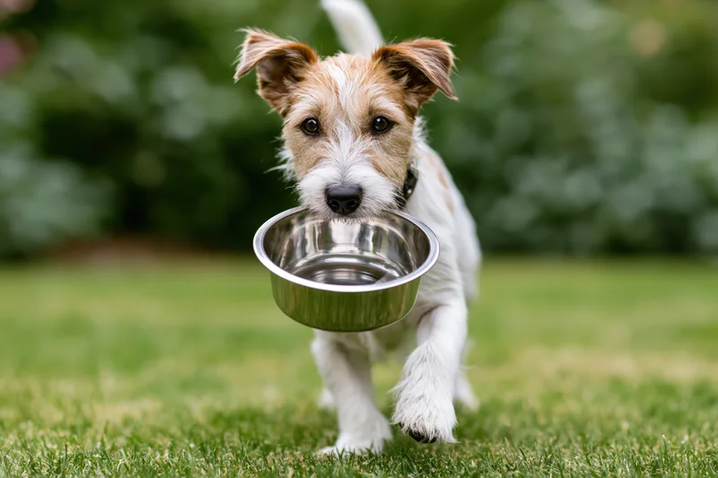 Jack russell terrier running toward camera with metal bowl in mouth across green lawn