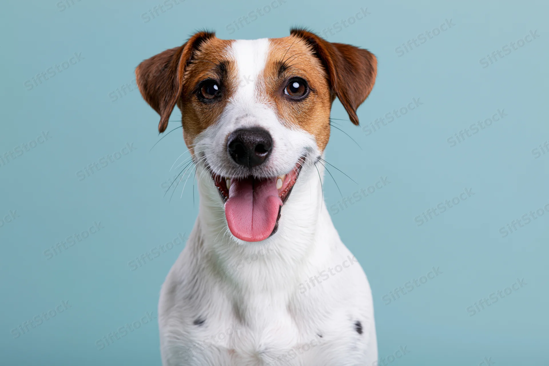 Jack russell terrier with open mouth and tongue out facing camera in studio setting
